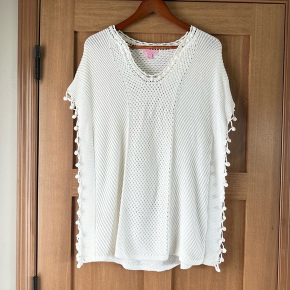 Lilly Pulitzer White Keating Knit Fringe PomPom Sweater Poncho Women’s size XS​ - Picture 2 of 12